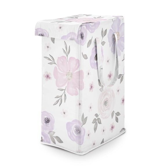 Sweet Jojo Designs Watercolor Floral Pink Purple and Grey Foldable Laundry Hamper with Handles