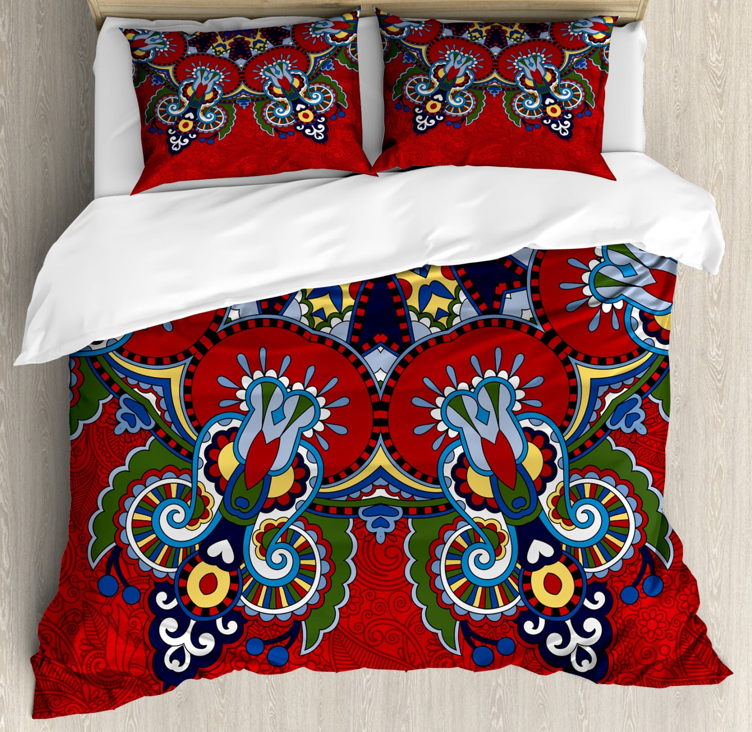 Red Mandala Duvet Cover Set Queen Size, Russian and Ukranian Ethnic