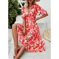 thumbnail image 6 of Anbech Women V Neck Sundress Flower Flowy High Waist Dress Lantern Sleeve Ladies Midi Dress, 6 of 9
