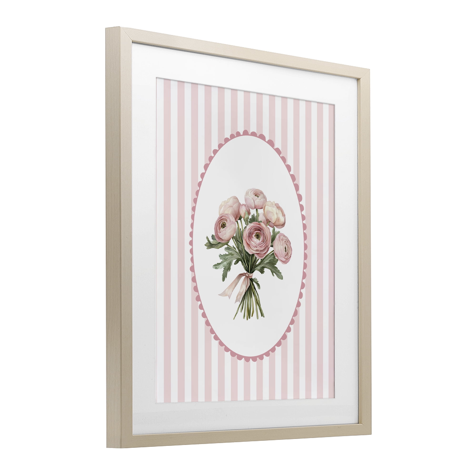 Peony Bouquet on Gentle Stripes Birch Framed Print Under Glass, design by Christine Simpson Art