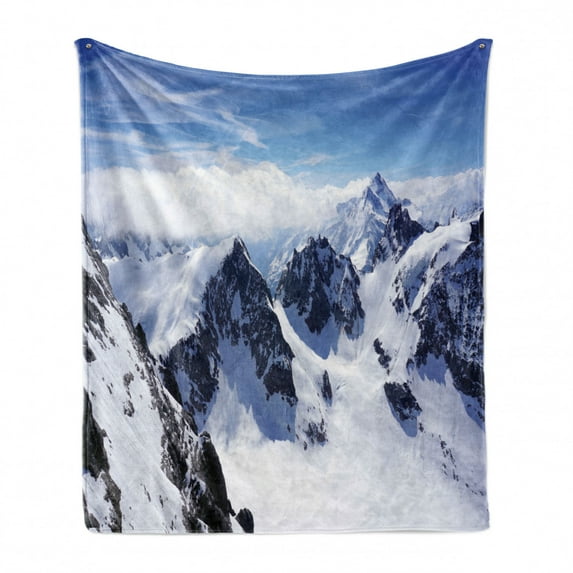 Winter Soft Flannel Fleece Throw Blanket, Snowy Mountain Peaks Tops High Lands Northern Scenic Alps Panorama Valley Print, Cozy Plush for Indoor and Outdoor Use, 50" x 70", White Blue, by Ambesonne