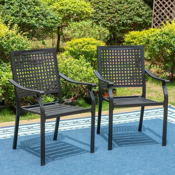 Summit Living 2-Piece Outdoor Patio Dining Chairs, XL Metal Stackable Armchairs (Weight Capacity 350 lbs) Suitable for Garden, Porch and Yard, Black