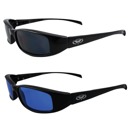 2 Pair Global Vision New Attitude Black Sport Motorcycle Riding Sunglasses 1 with Blue Lens and 1 with Smoke Lens