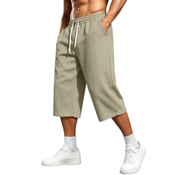 Hurxie Men's Baggy Sweat Shorts Long Below Knee Fleece Capri Shorts Athletic Casual 3/4 Pants with Pockets Khaki,L