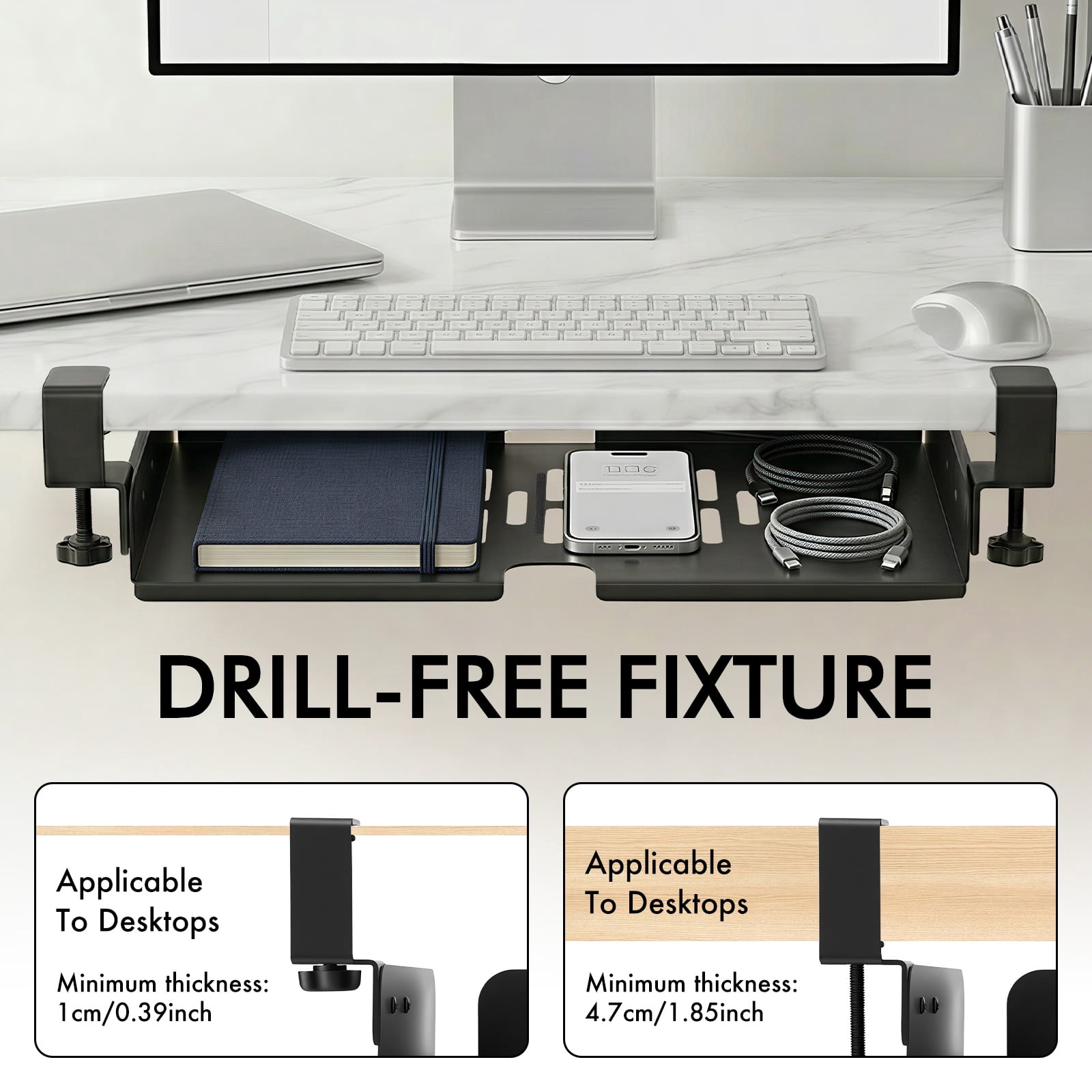 Grusce Under Desk Laptop Storage Shelf No Drill Metal Under Table Storage Tray with Cable Management and Clamp Mount Hold Up to 20 kg for Home Office Dorm