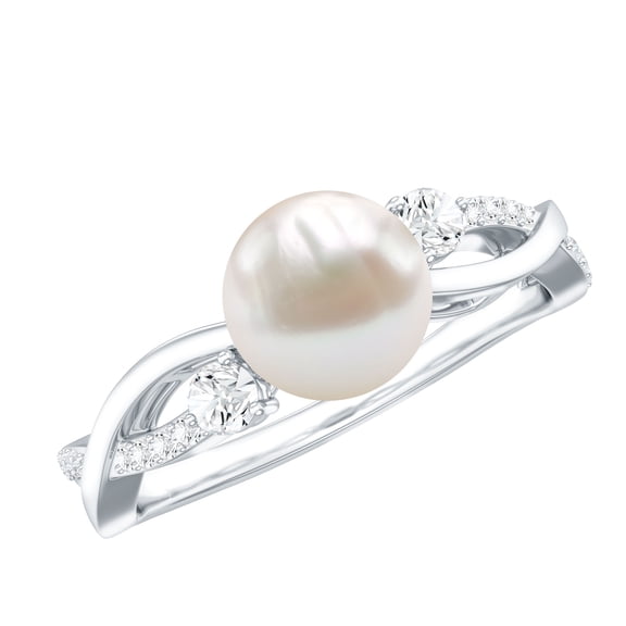 Rosec Jewels Cultured Freshwater Pearl Engagement Ring with Diamond - Crossover Ring for Women (7.48 Carat Pearl, AAA Quality), 925 Sterling Silver, US 4.00