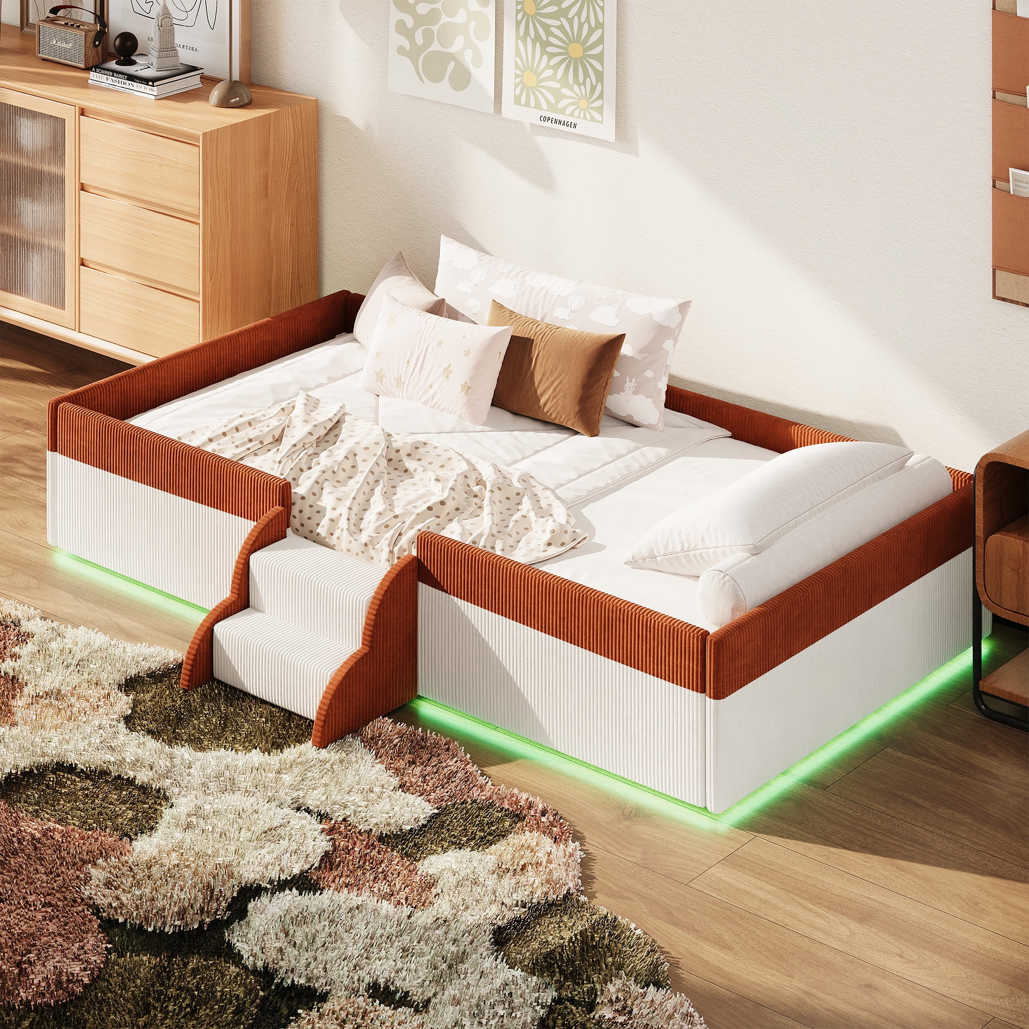 Howcool Twin Size Corduroy Upholstered Floor Bed with Fence and Smart LED Lights,2-Tier Steps Platform Bed Frame,Brown+White