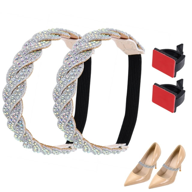 Uxcell 2 Pairs High Heels Shoe Straps, Rhinestone Elastic Shoe Straps Heels Detachable Ankle Straps Replacement Shoelace Crystal for Women Loose Slippers Sandals, Silver+Gradient Silver