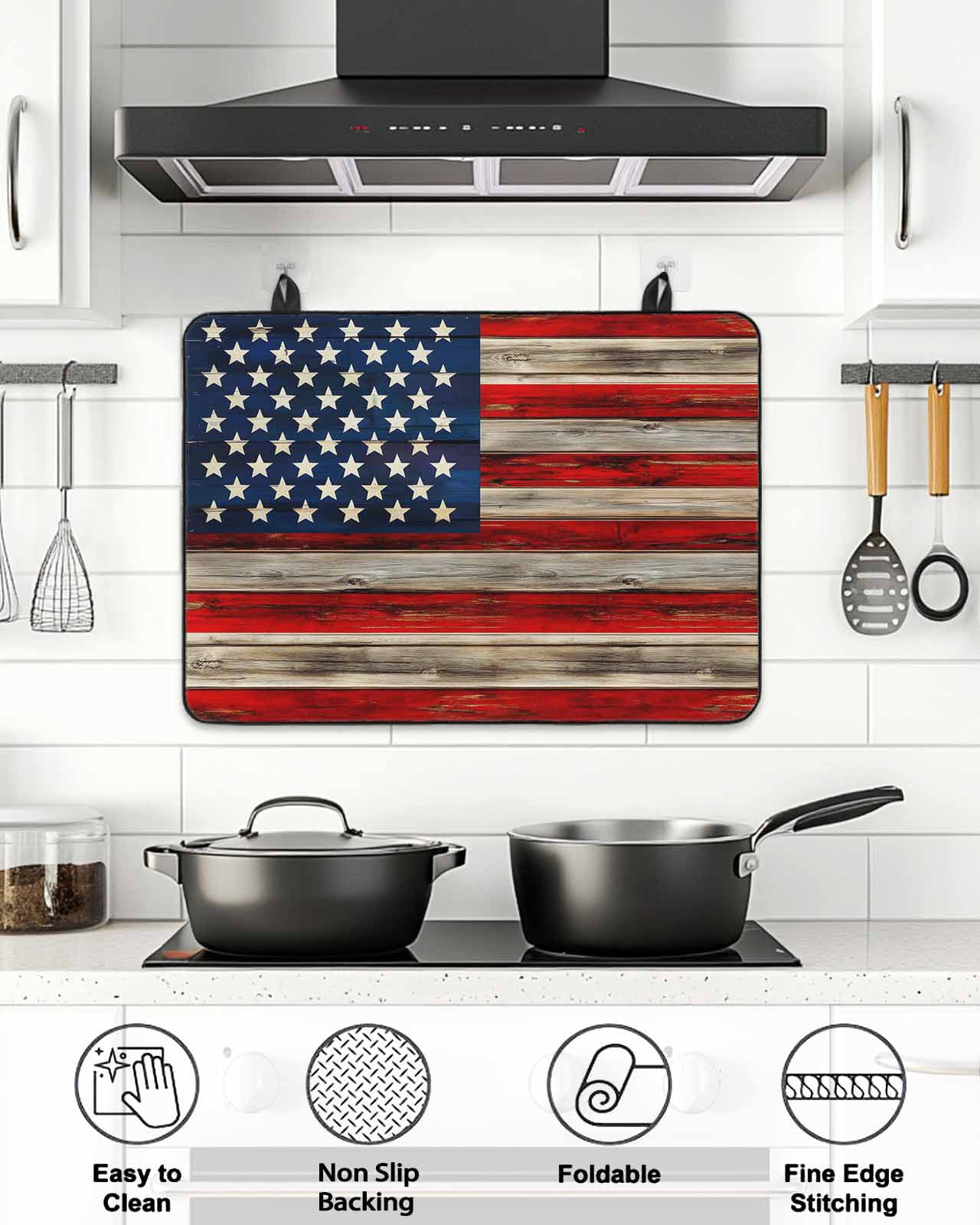 Stove Top Covers for Electric Stove, Vintage American Flag Glass Stovetop Cover Protector, Blue Star Red Striped Wooden Induction Cooktop Protector Oven Mat for Kitchen Countertop 24"x21"