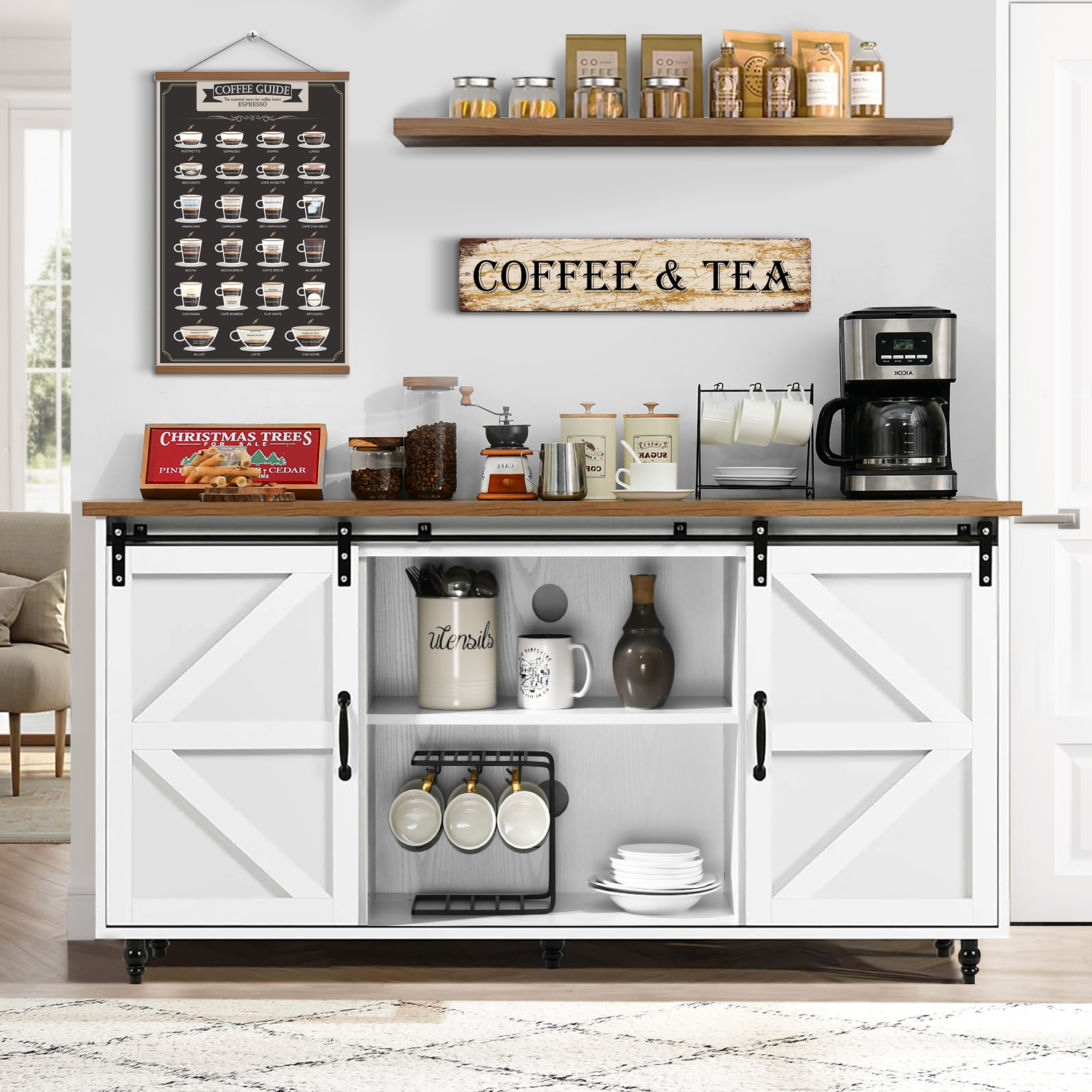 4 EVER WINNER 55 Inch Buffet Cabinet With Storage - Coffee Bar With Glass Doors, Barn Doors & Drawers, Black