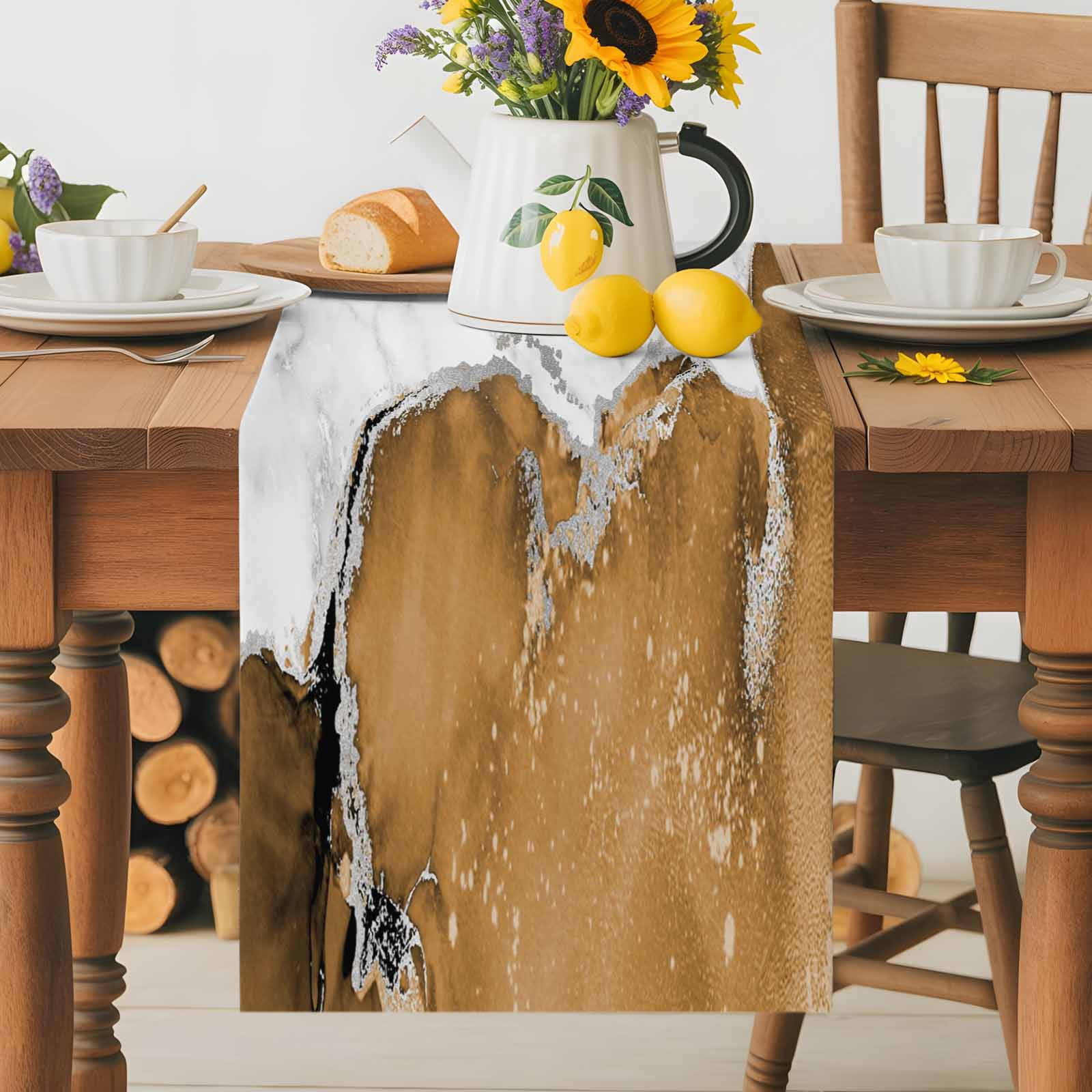 Kitchen Table Runner 90 Inches Long, Modern Marble Style Cotton Linen Table Runners for Dining Tables Home Holiday Party Wedding, White Grey Yellow Stone Texture Tabletop Scarf