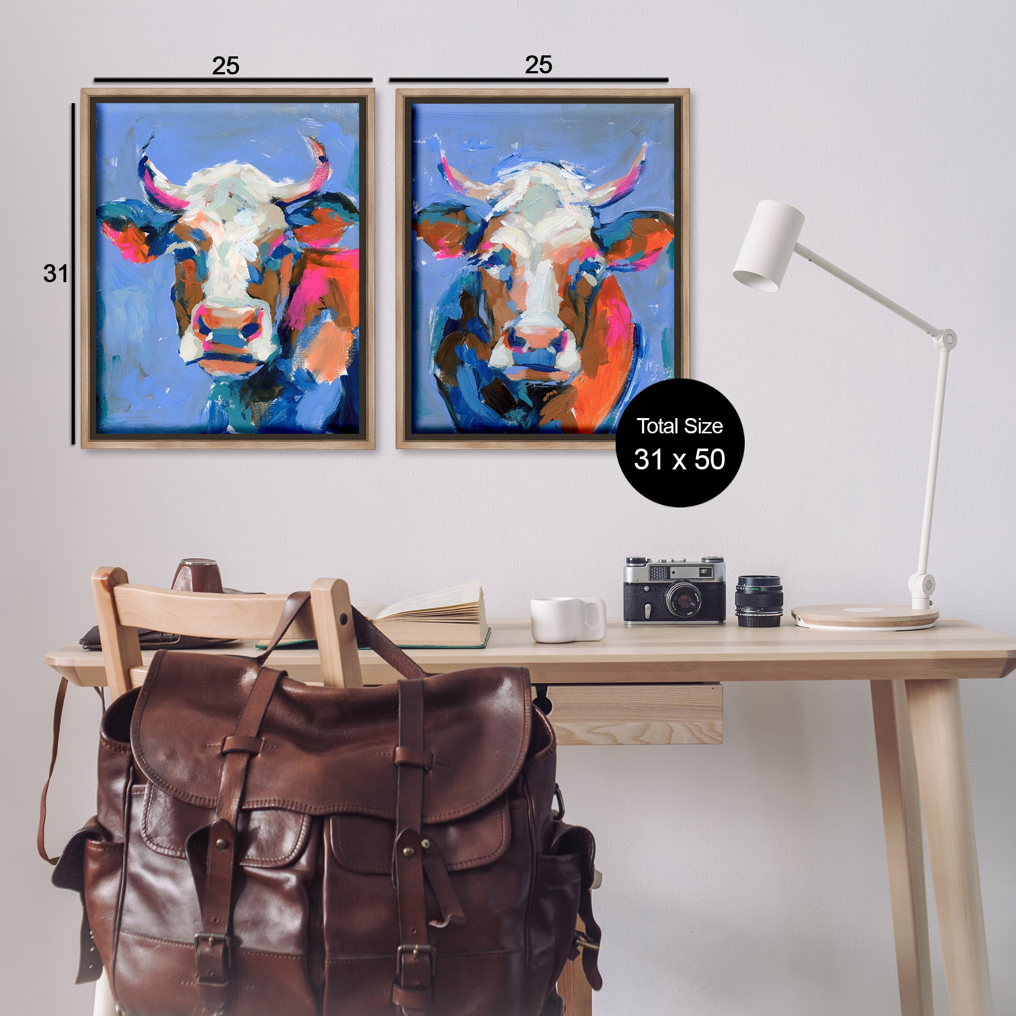 Stupell Industries Guernsey Cow Horned Portrait Animals Painting Brown Floater Framed Canvas Art Print Wall Art, 31 x 25, Set of 2