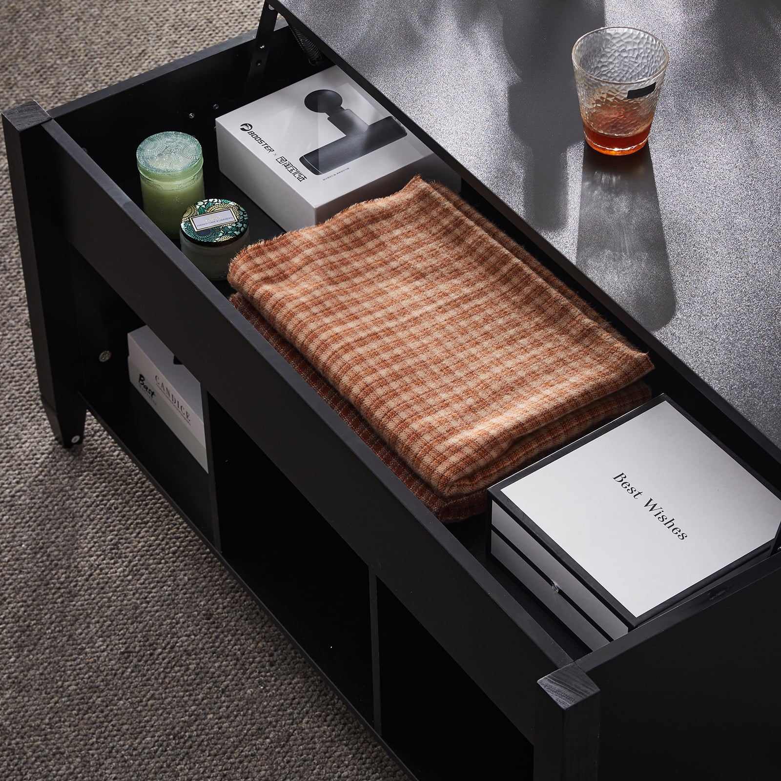 Kadyn Lift Top Coffee Table (with 3 Storage Rooms), Pop-up Coffee Table for Living Room, Wooden Lifting Top Central Coffee Table, Black Kadyn Lift Top Coffee Table (with 3 Storage Rooms), Pop-up Coffee Table for Living Room, Wooden Lifting Top Central Coffee Table, Black