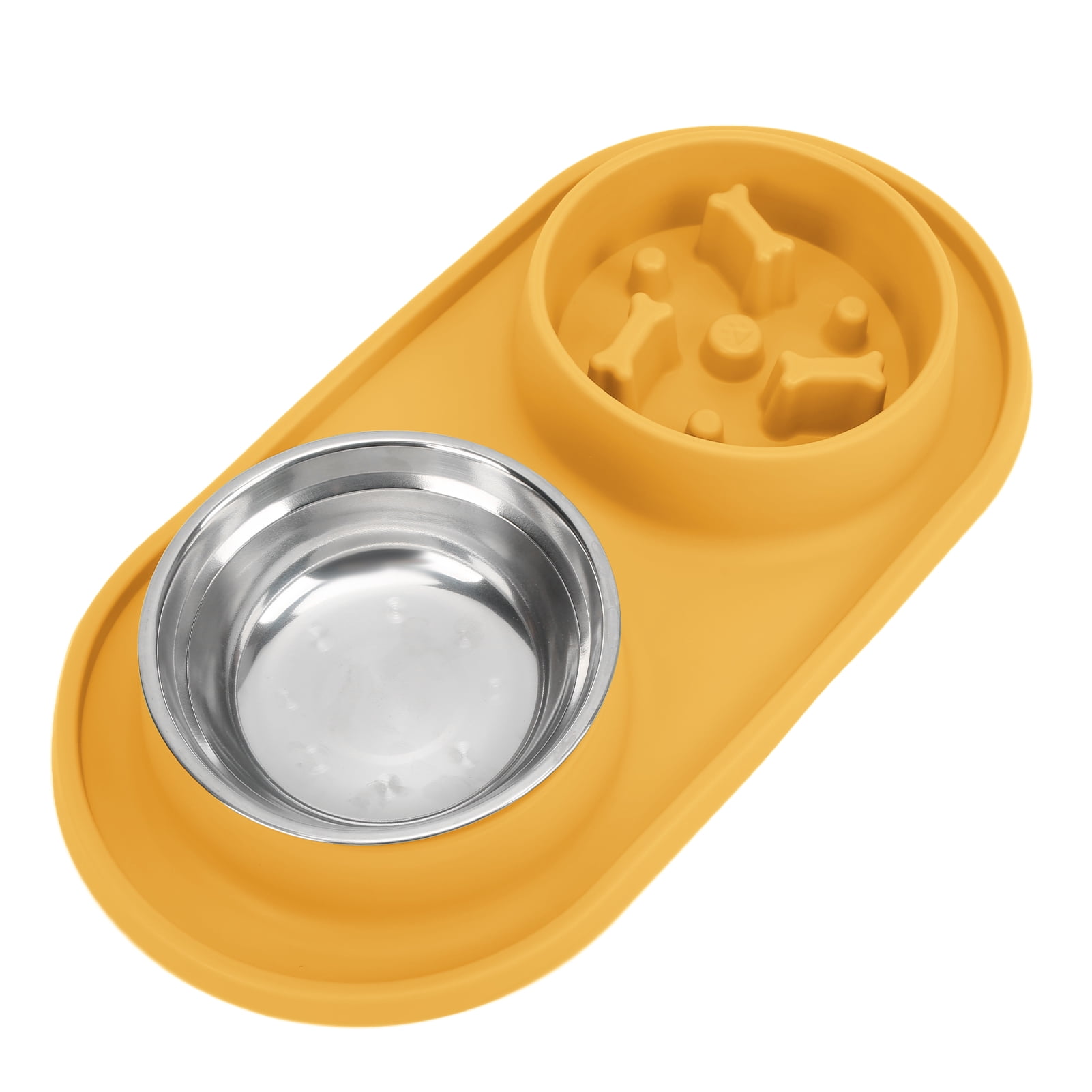 BOKYAN Silicone Slow Feeder Dog Bowl Set Double Pet Bowls with Stainless Steel Water Bowl Anti-Skid Removable Tray for Dogs and Cats Yellow