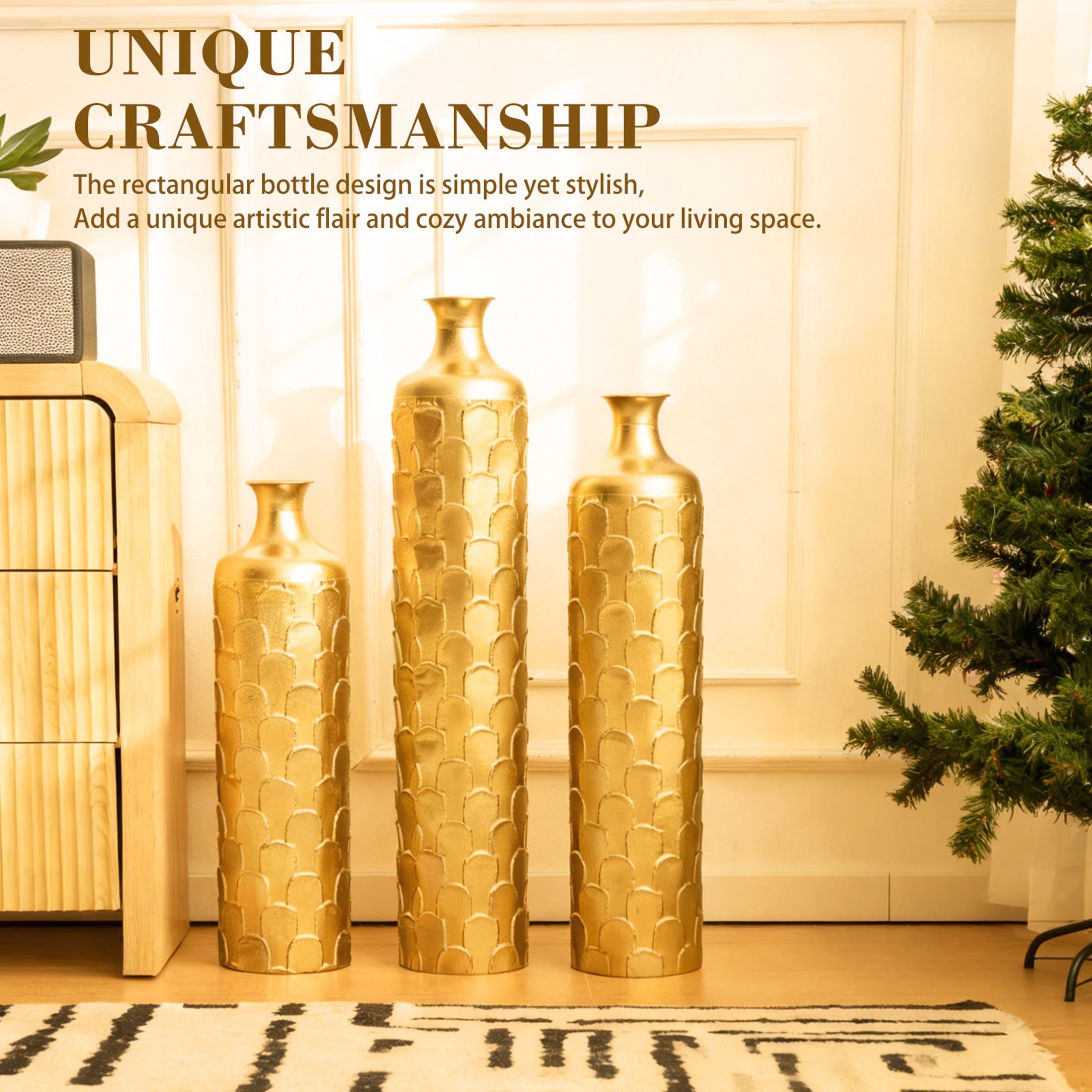 Noble House 25.2", 29.33", 34.25" Metal Floor Vase Set of 3, Geometric Textured Vases, Gold