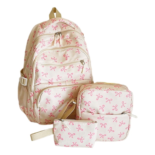 Back to School Bow Backpack For Women 3 PCS Cute Backpack Nylon Aesthetic Daypack Bow Pattern Rucksack
