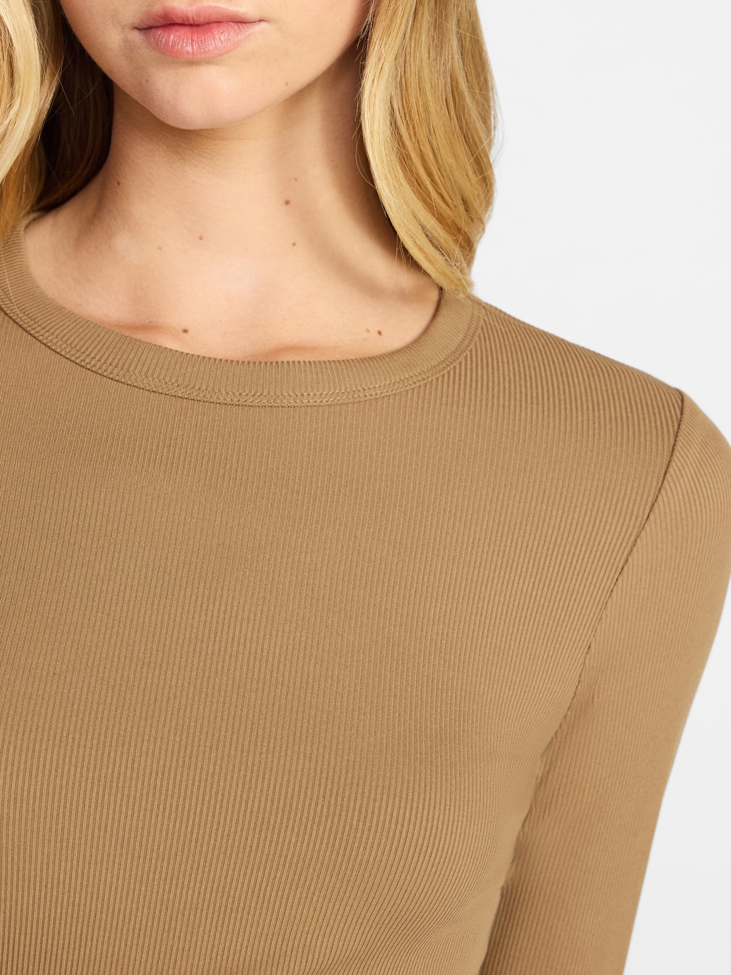 No Boundaries Crew Ribbed Tee with Long Sleeves, Women's XXS-XXL