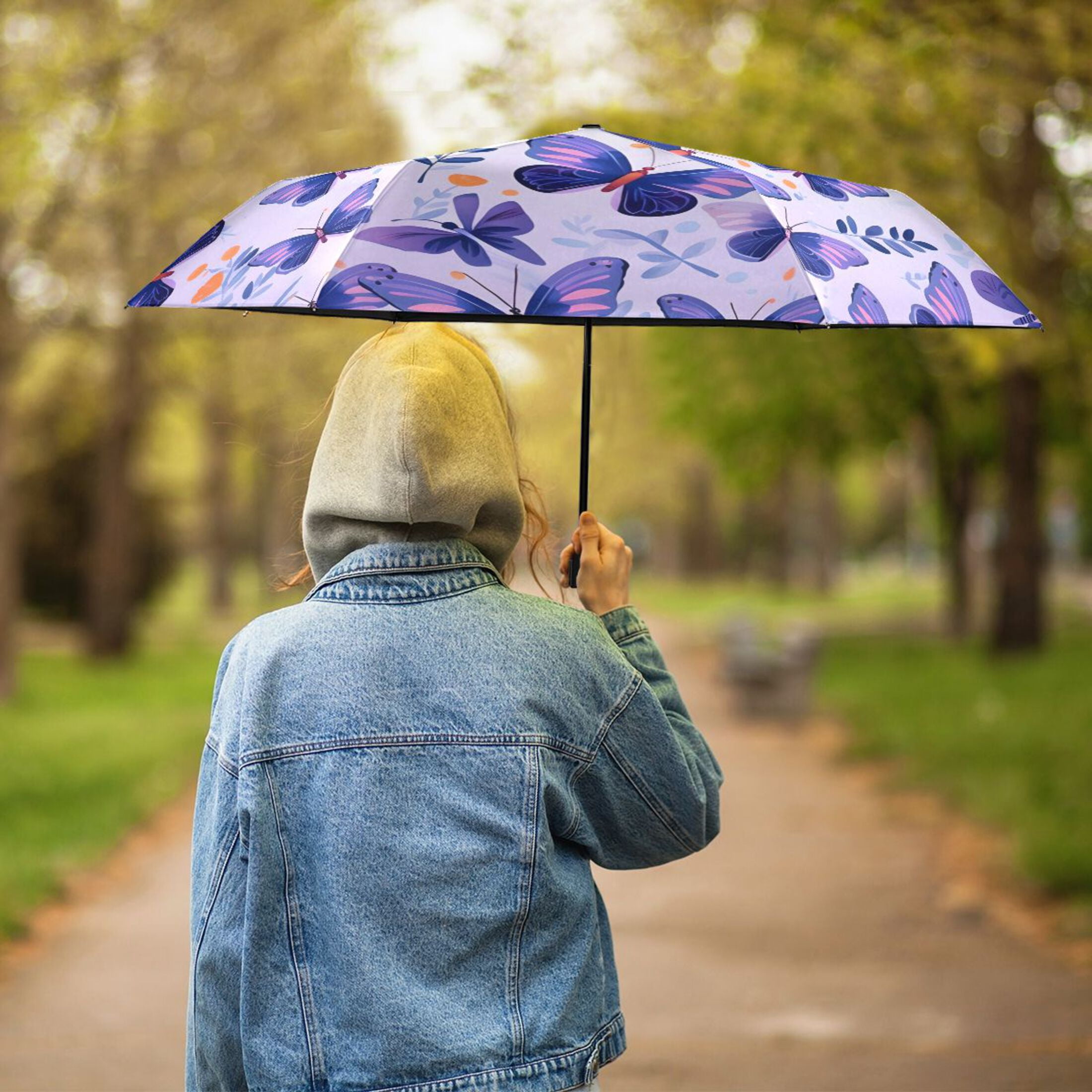 Butterflies in Purple Compact Folding Umbrella for Rain Windproof Travel Umbrella UPF 50+ Lightweight Packable Arc Size