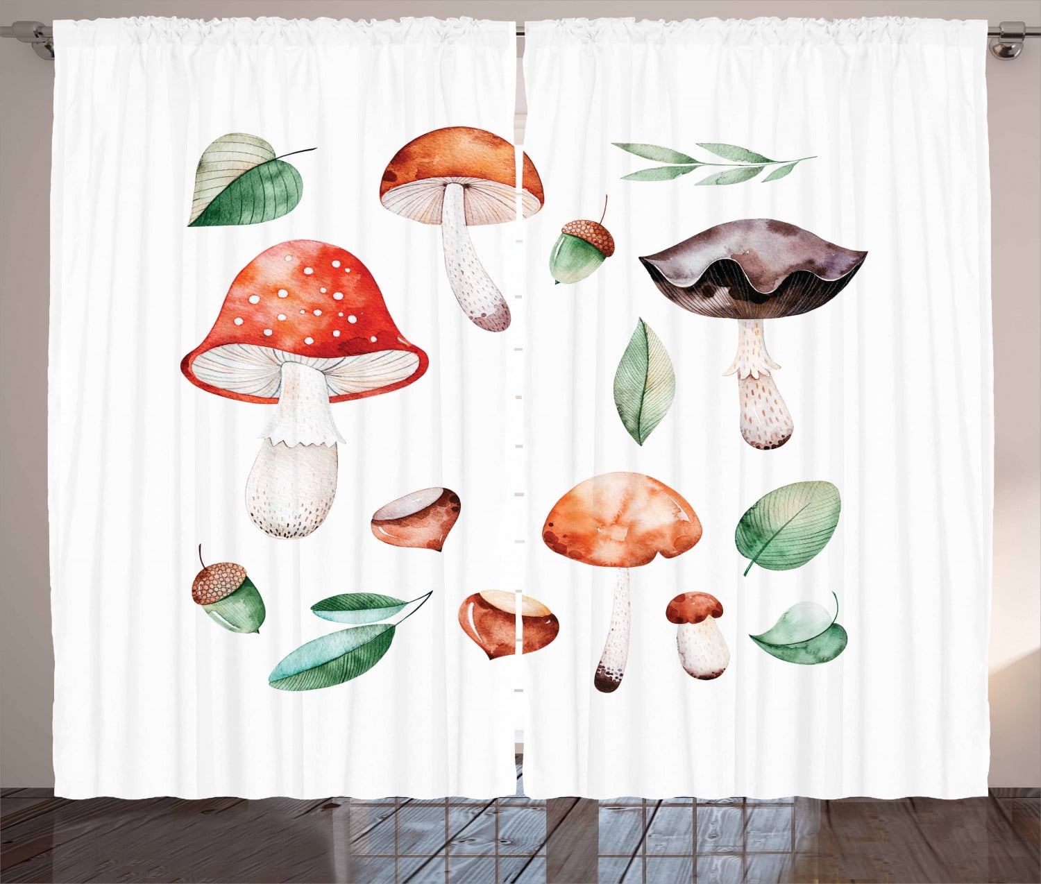 Autumn Curtains 2 Panels Set, Fall Season Mushrooms Chestnuts with Hand ...