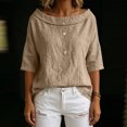 thumbnail image 4 of Womens Shirts Boat Neck Half Sleeve Linen Blouse Casual Loose Fit Solid Color Cotton Linen Summer Lightweight Tops Khaki S, 4 of 7