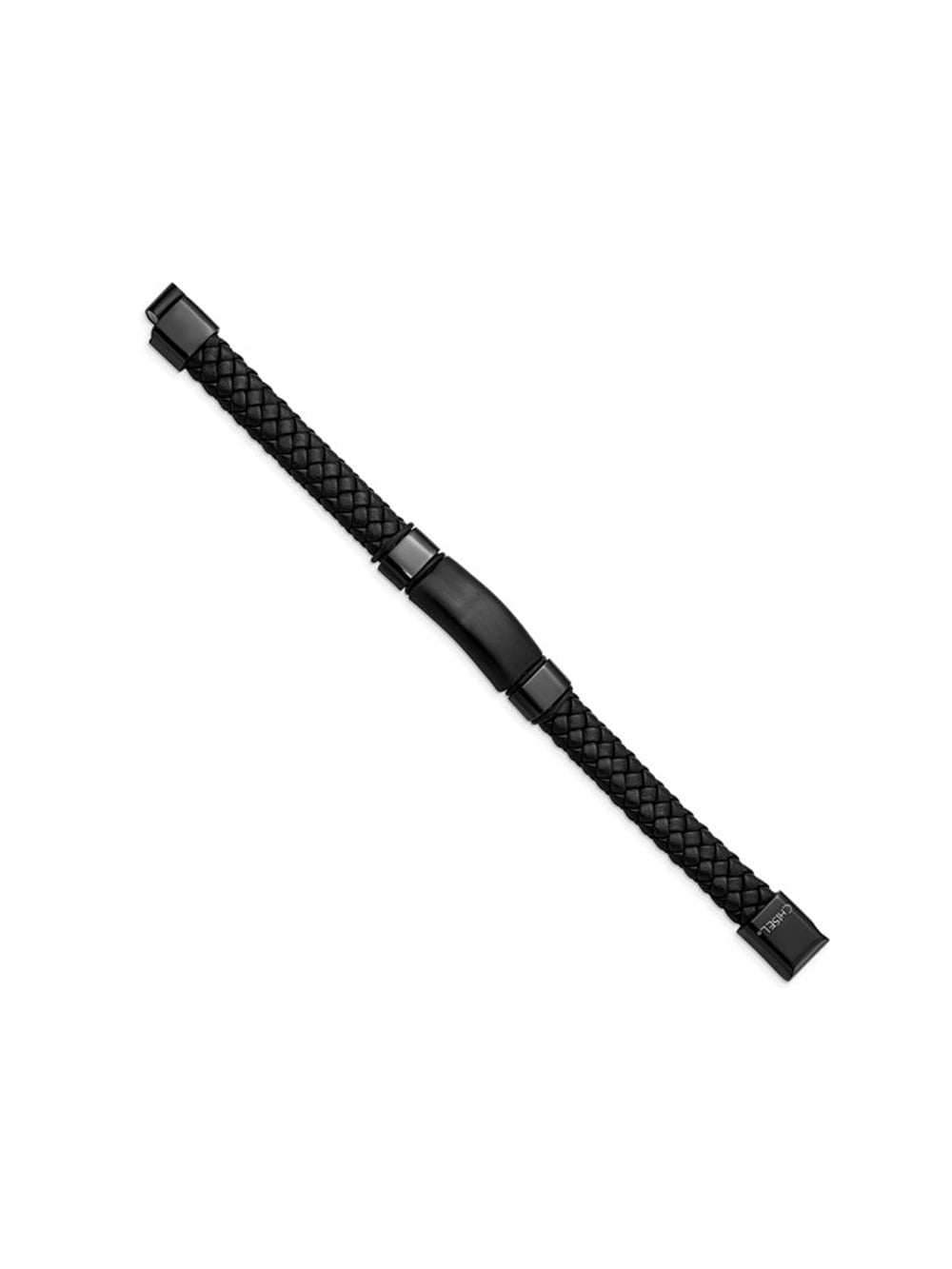 Mens Bracelet in Black Stainless Steel with Braided Leather (8.5 inch) for Men