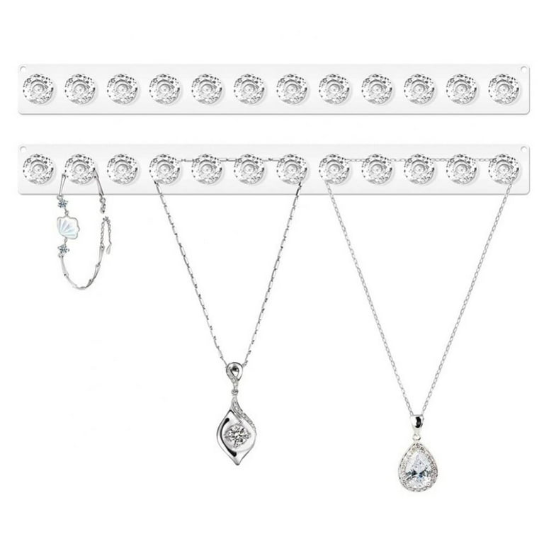 Necklace Organizer - 2 Packs - Easy-Install 11.3x1.38 Hanging Necklace  Holder Wall Mount with 12 Necklace Hooks - Beautiful Necklace Hanger also  for Bracelets, Earrings, and Keys (White) 