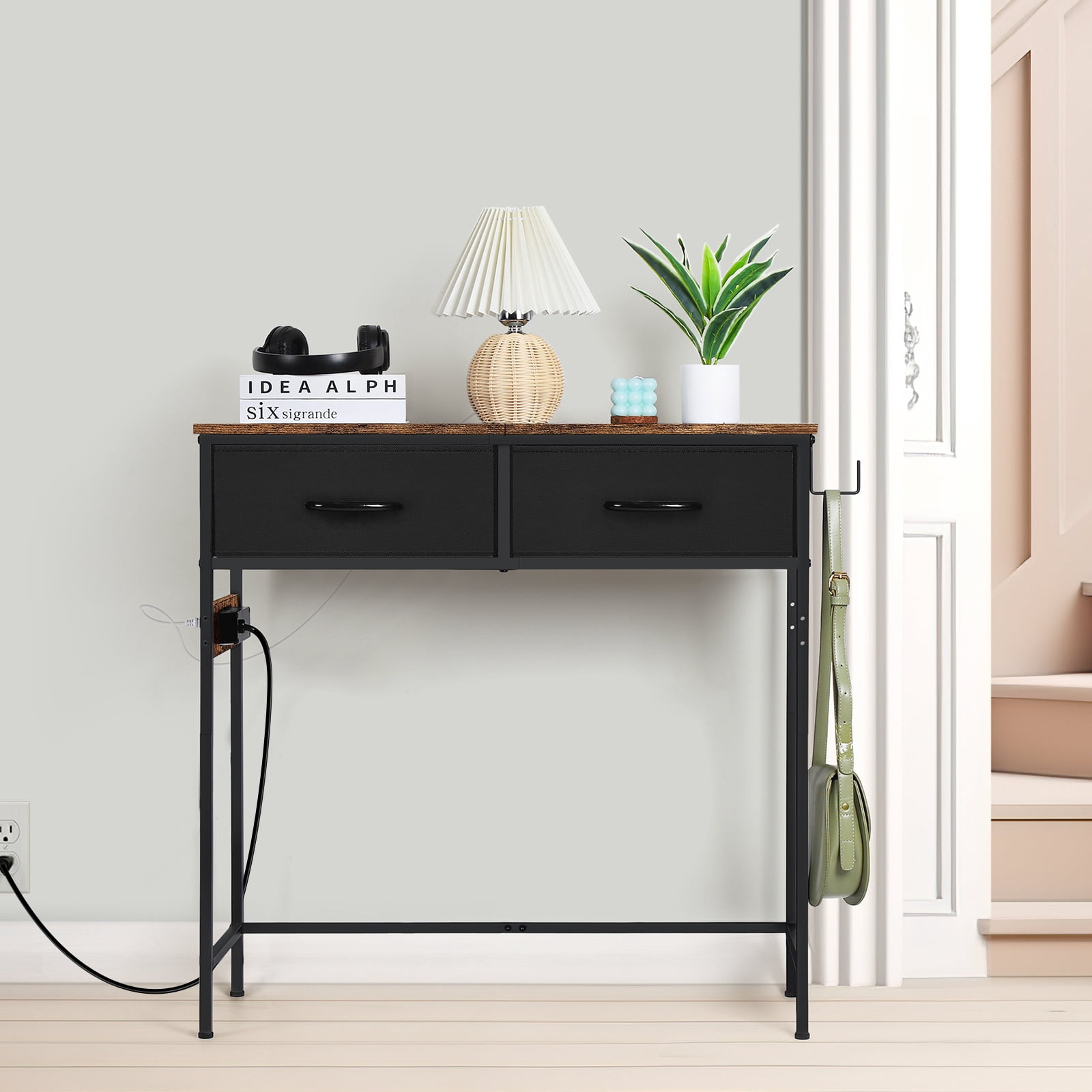Industrial Console Table with Charging Station, 31.5 Inch Narrow Entryway Table with 2 Fabric Drawers, Side Hook & Adjustable Feet Brown