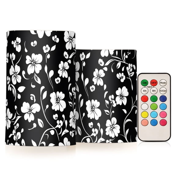 Black and White Flower Flameless Candles Flickering with Remote and Timer Battery Operated LED Pillar Candle Set of 2