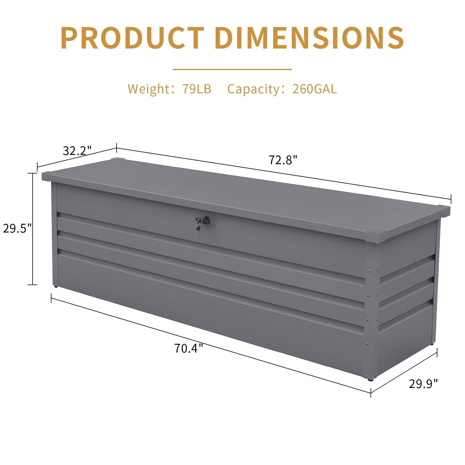 Outdoor Deck Box, 260 Gallon Storage Box, Metal Patio Storage Container with Lock, 72.8L x 32.2W x 29.5H Inches, Double-Layer Cover, Hydraulic Hinge, for Cushions Pool Tools Garden, Light Gray