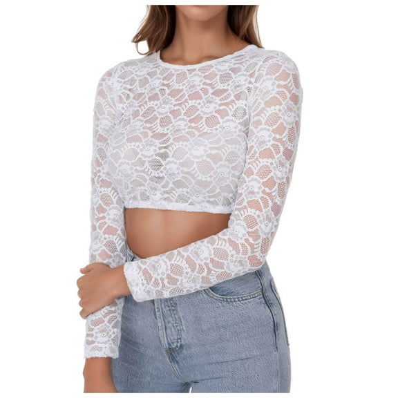 Ounisa Womens Lace Floral Tops Long Sleeve Mesh Round Neck Shirts Floral Blouses Top