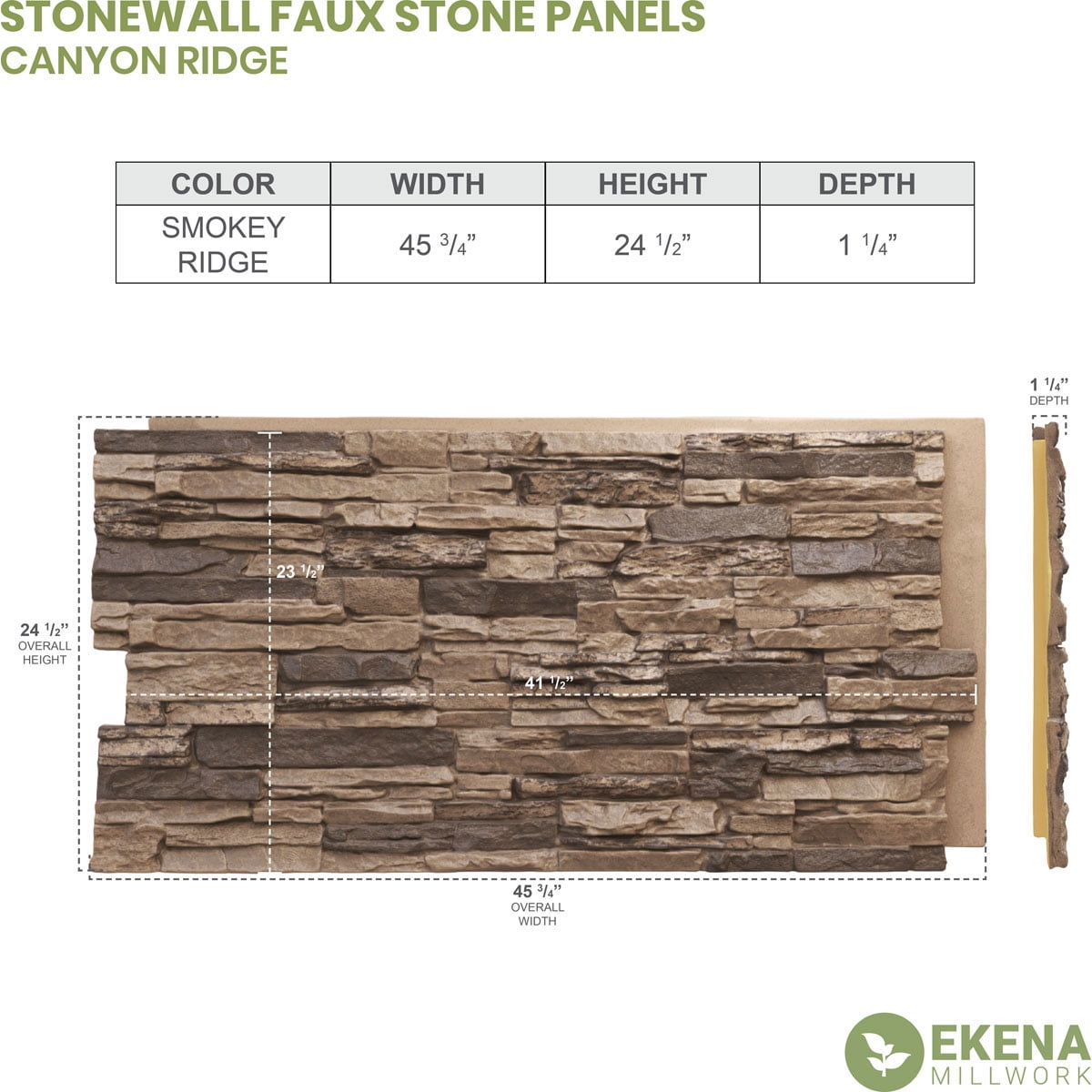 Ekena Millwork 45.75"W x 24.50"H x 1.25"D Canyon Ridge Stacked Stone, StoneWall Faux Stone Siding Panel, Smokey Ridge