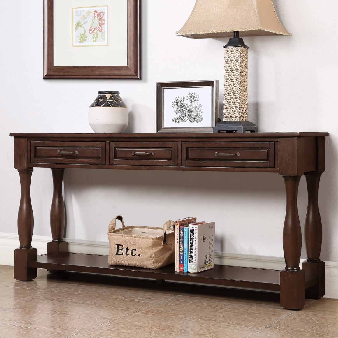 63inch Wood Console Table,Console Table with 3 Drawers and 1 Bottom Shelf for Entryway Hallway Extra-Thick Sofa Table,Espresso