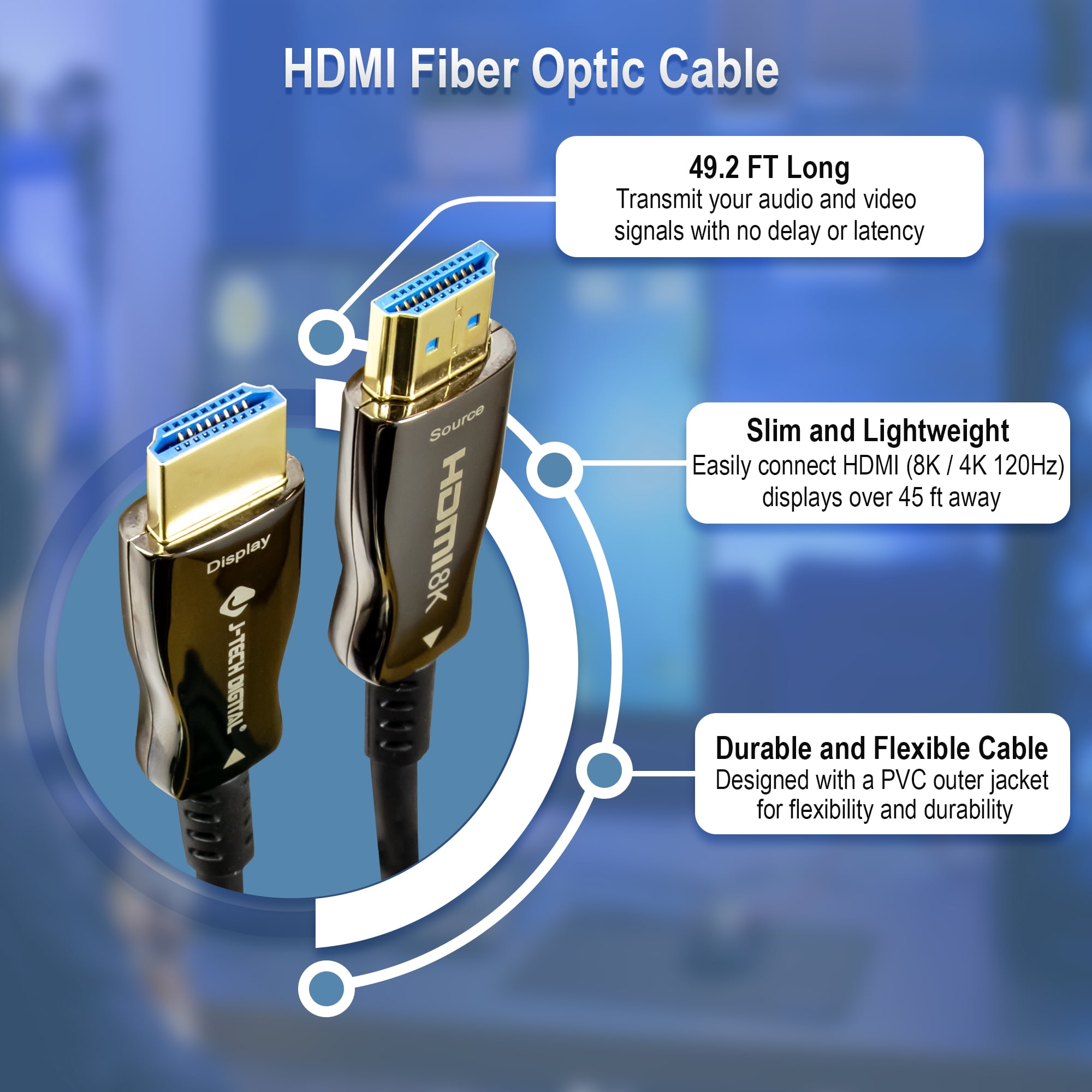 8K HDMI 2.1 Fiber Cable 15M 49.2 FT| J-Tech Digital Ultra High Speed 48 Gbps 4K @ 120Hz | 8K @ 60Hz Compatible with PS5 XBOX ROKU [JTECH-FCAB158K]