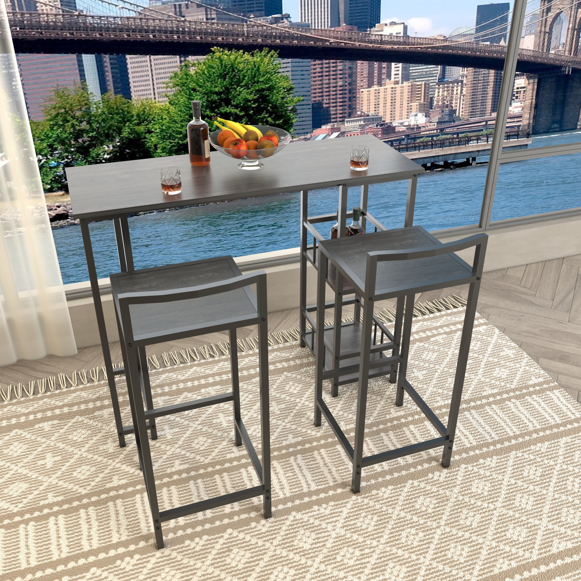 HOQBN 3 Piece Counter Height Bar Table Set,Rectangular Pub High Table with 2 Backless Bar Stools and 3-Tier Side Storage Shelves,Industrial Wood Grain Bar Furniture for Balcony Kitchen Small Home Bar