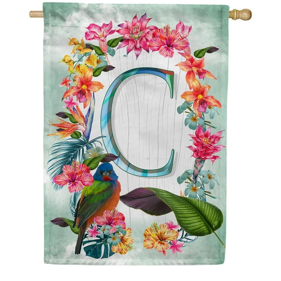 America Forever Summer Floral Wreath Monogram House Flag Letter C 28 x 40 inches Parrot Macaw Hibiscus Palm Leaves Double Sided Vertical Outdoor Yard Lawn Decorative Tropical House Flag