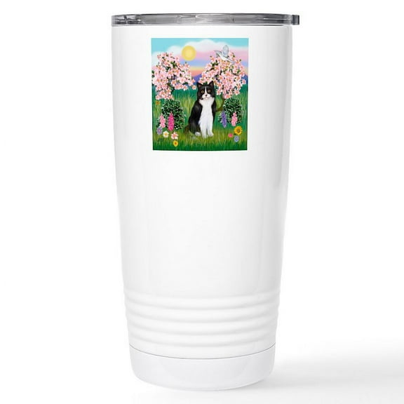 CafePress - Blossoms/Tuxedo Cat Stainless Steel Travel Mug - Insulated Stainless Steel Travel Tumbler 20 oz.