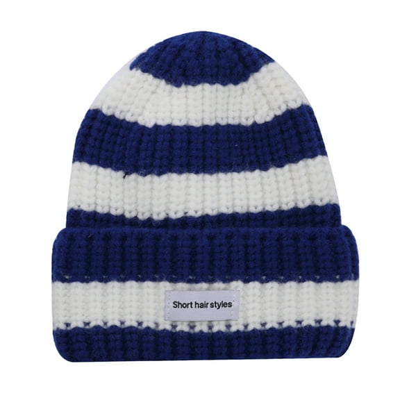 Beanie Hats for Men Women, Vertical Stripes Thick Two-Color Knitted Hat Double-Color Fabric for Winter - Blue