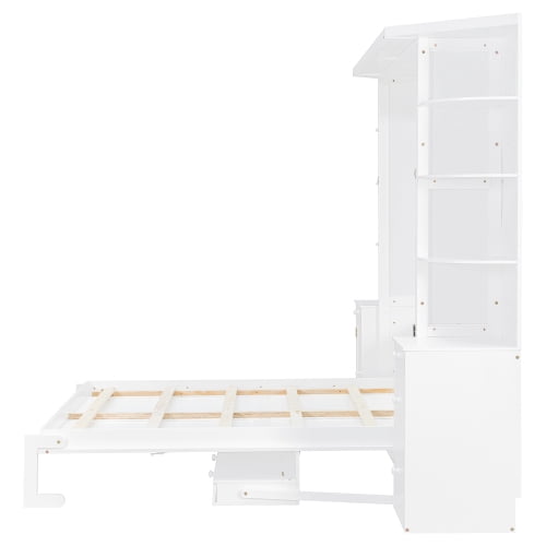 Queen Murphy Bed with Desk, Hidden Workstation, Storage Shelves & Cabinets, Wall Bed with Lights, White
