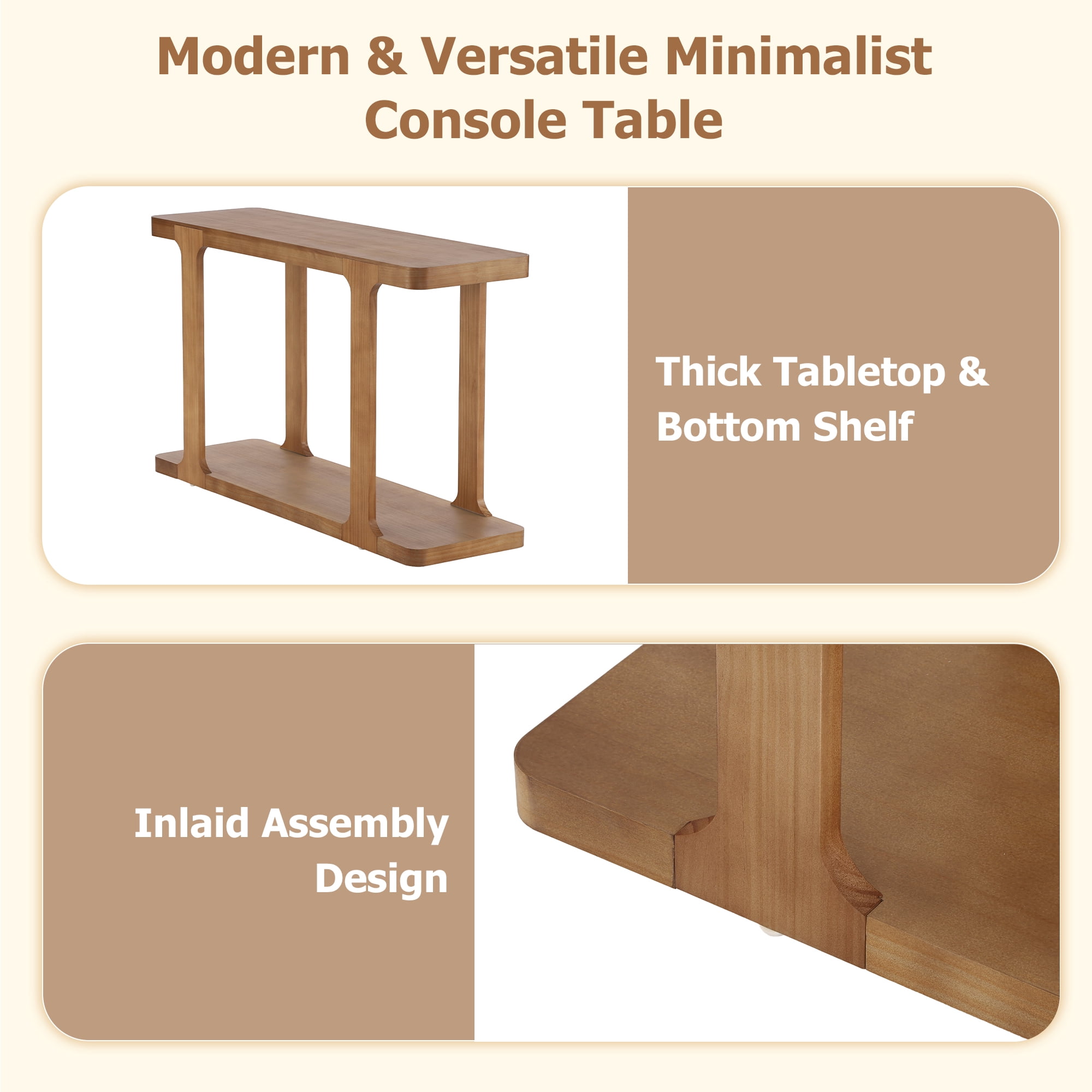 Mintazer 50" Mid Century Modern Console Table, Entryway Table with U-Shaped Cutout Legs & 2 Tier Storage Shelves, Anti-Tip Sofa Table for Hallway Living Room Foyer, Natural