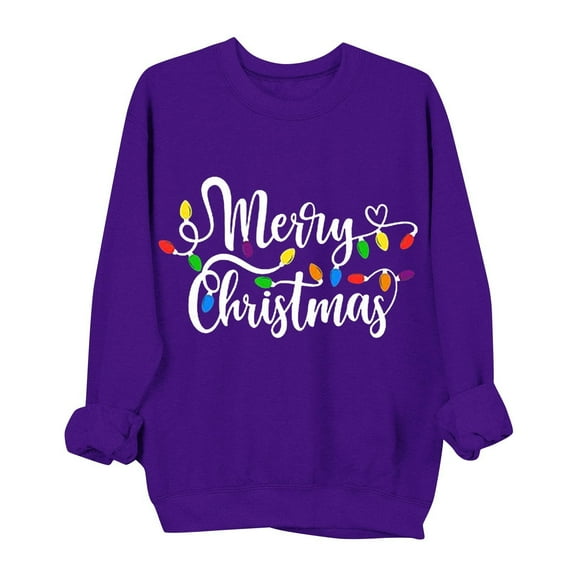lulshou Women's Christmas Print Crewneck Sweatshirt Festive Holiday Long Sleeve Pullover Sweater Style Gift for Family, Purple, XL