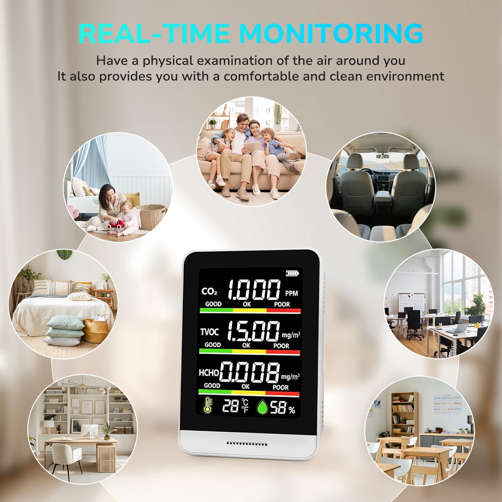 Fil-fresh 5 in 1 Air Quality Monitor Indoor with Real-Time Temp, Humidity & Clock Display Portable CO2 AQI Detector for Home, Office, Car