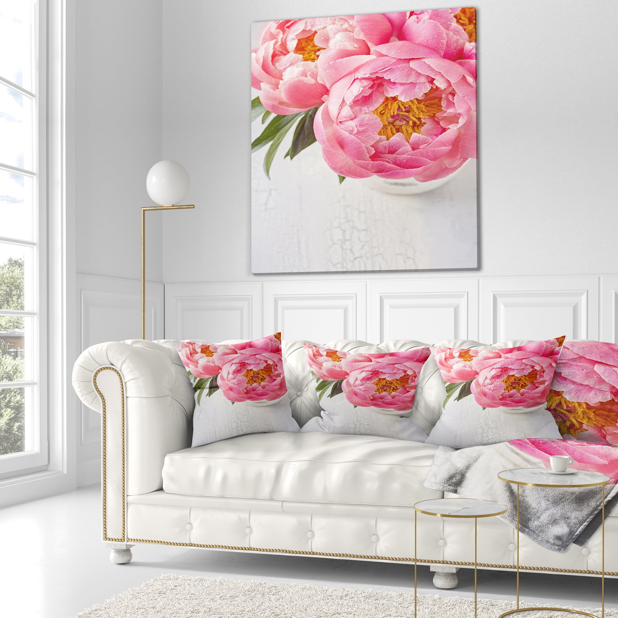 Designart Full Bloom Pink Peony Flowers - Floral Throw Pillow - 16x16