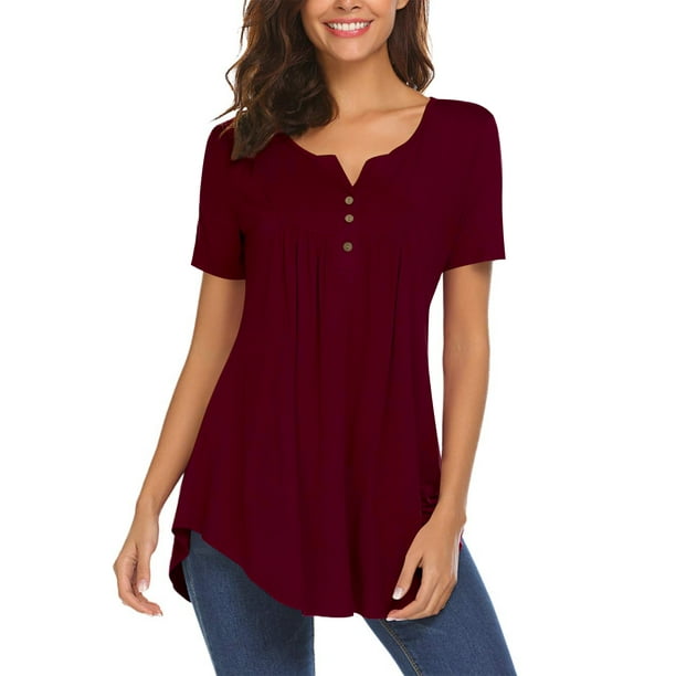 Chama V Neck Henley Shirts for Women Short Sleeve Pleated Tunic Tops ...