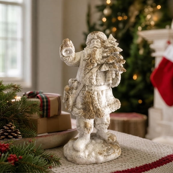 Dolstice Vintage Santa Claus Statue, White Resin Santa Figurine Holding Small Christmas Tree, Christmas Figure for Home Mantel Bookshelf Tabletop Decor