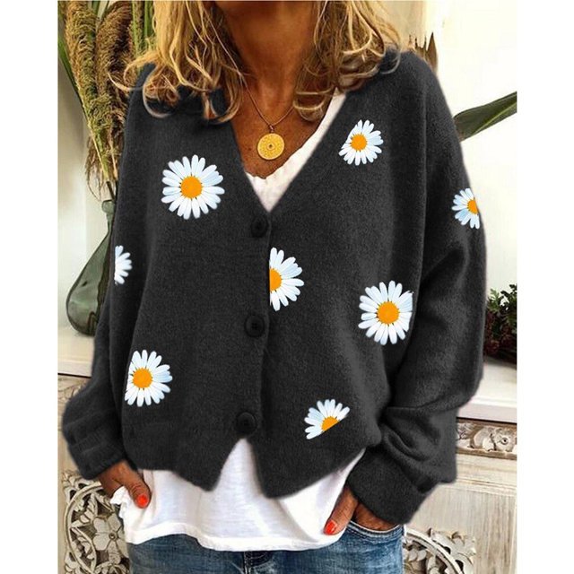 Suéter de mujer europeo y americano de otoño e invierno, cárdigan de punto suelto bordado con cuello en V y manga larga, abrigo grueso para mujer