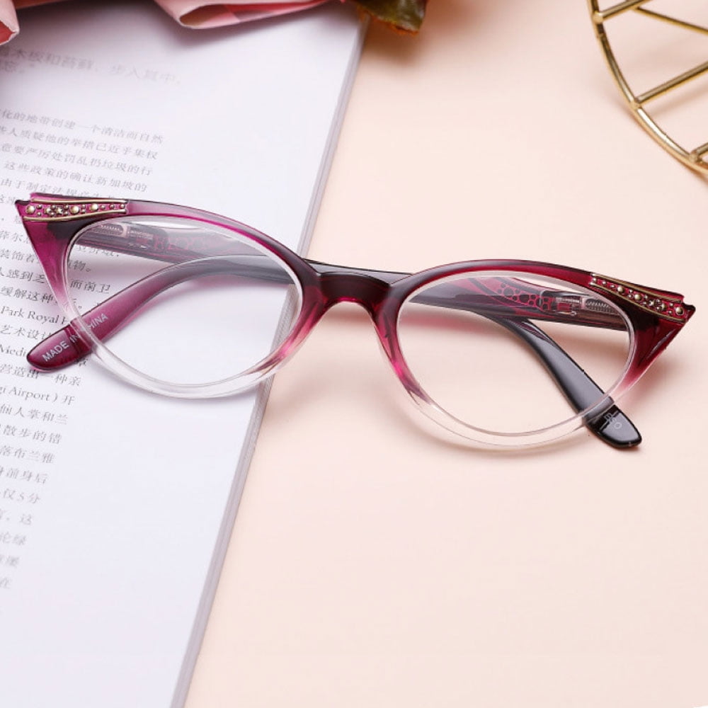 4 Pairs of Women Cat Eyes Gradient Purple Reading Glasses Ladies Readers Spring Hinge Butterfly Trendy Plastic HD Diamond Presbyopia Glasses +3.50