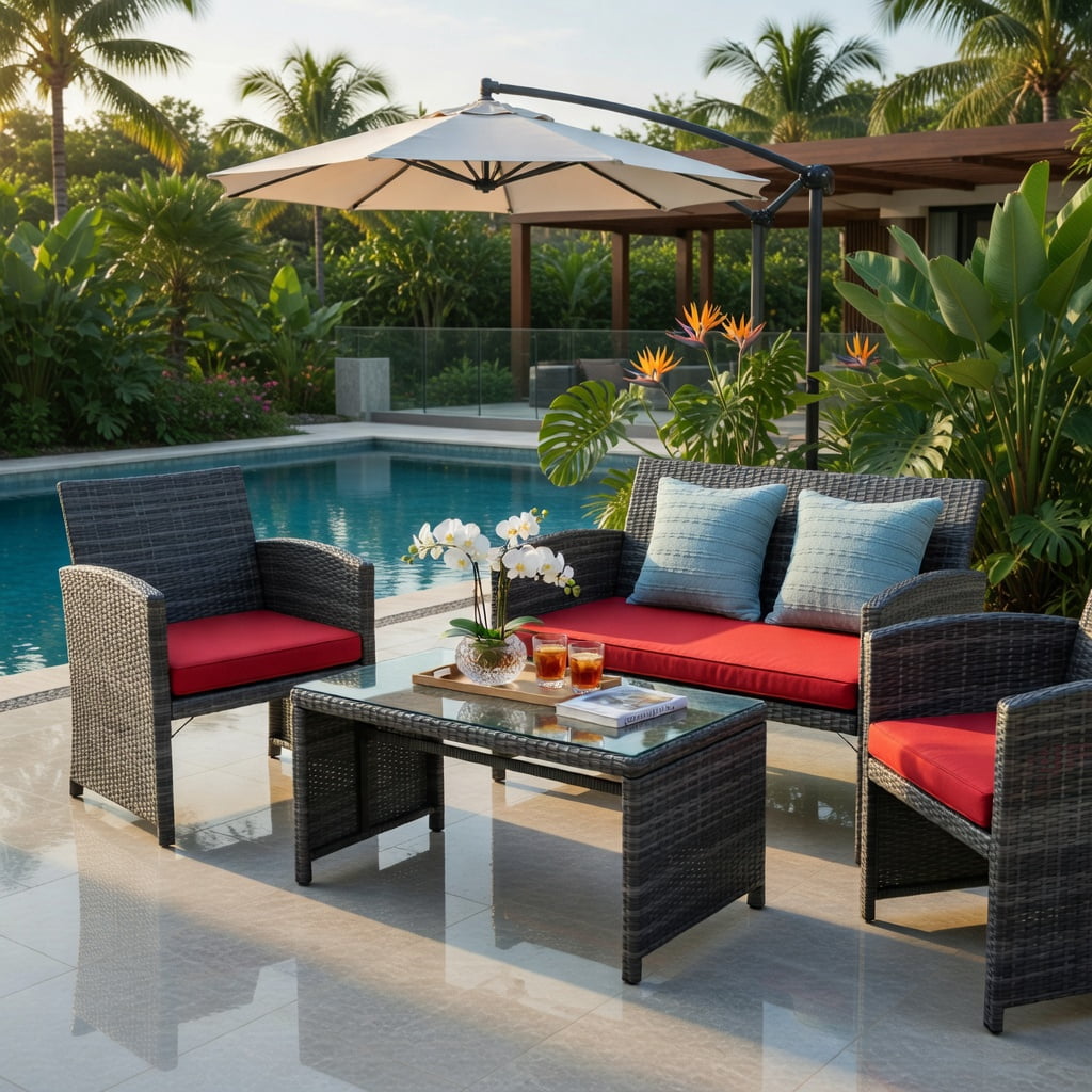 Hommoo 4-Piece PE Rattan Patio Furniture Set with Removable Cushions, Loveseat, 2 Single Chairs & Tempered Glass Coffee Table for Backyard, Garden or Balcony, Red