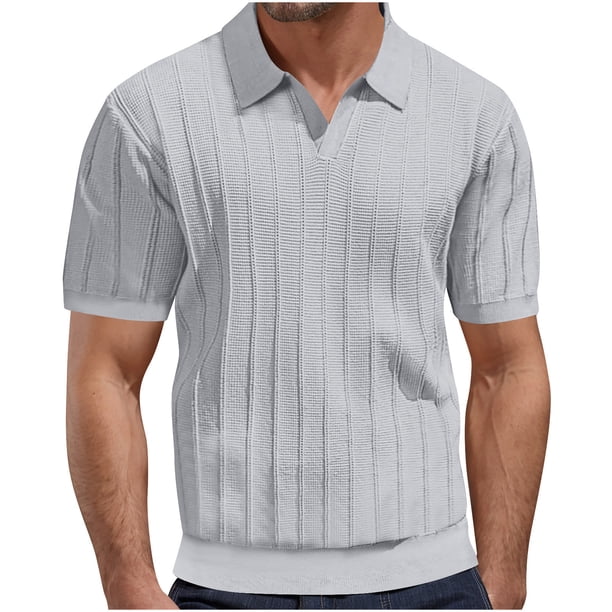 Blusas y camisas de manga corta con cuello en V para hombre, camiseta de punto a rayas con agujeros y malla, camiseta de manga corta con cuello en V, camisa de color liso para hombre.