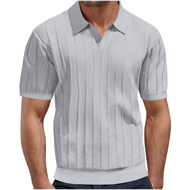 Blusas y camisas de manga corta con cuello en V para hombre, camiseta de punto a rayas con agujeros y malla, camiseta de manga corta con cuello en V, camisa de color liso para hombre.