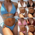 thumbnail image 1 of Neinkie Halter Adjustable Lace-up Ribbed Sexy Bikini Solid Color Bra High Waist Thong Swimwear for Swimming Pool, 1 of 7